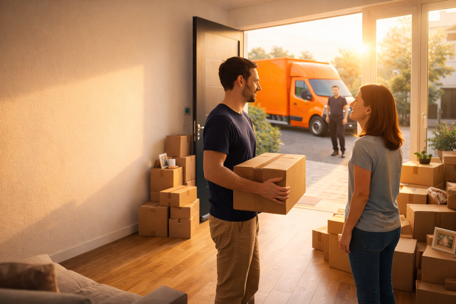 Couple pr&eacute;parant son d&eacute;m&eacute;nagement avec camion orange
